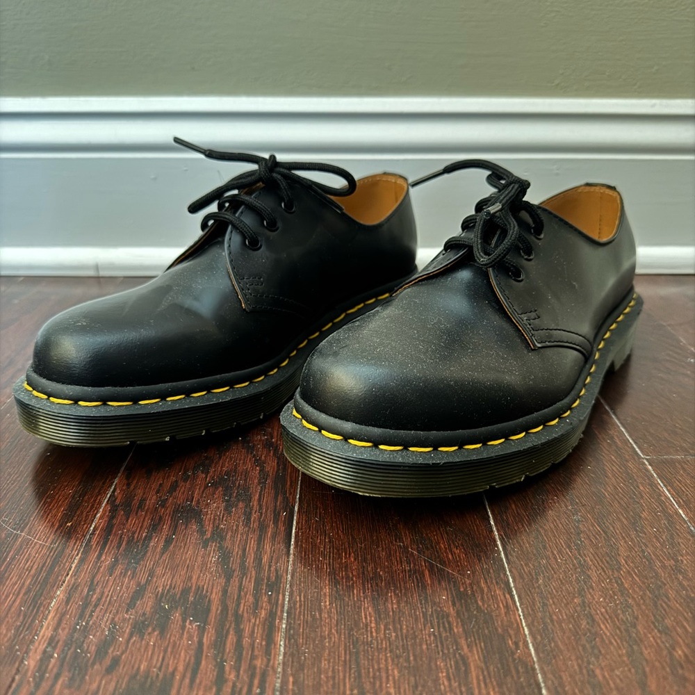 Dr. Martens Black Leather Flats with Yellow Stitching